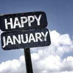 Happy January sign with clouds and sky background