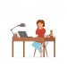 Woman busy tired working on computer colorful vector concept. Cartoon flat style illustration office clerk bored girl headache with desk laptop. Female character freelancer, secretary, businesswoman