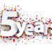 Five years paper sign over confetti. Vector holiday illustration.