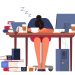 Exhausted businesswoman sleaping in the office putting her head on the desk. Deadline concept. Idea of many work and few time. Business problems. Isolated vector illustration in cartoon style