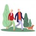 Dog owners. Elderly couple walking with puppy. Healthcare therapy, breathe fresh air. Old people walk in park or forest vector illustration. Woman and grandfather, people walk, grandmother with dog