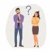 Young woman and man surrounded by a question mark and finding new idea. Shiny light bulb. Flat style cartoon vector illustration. People stand full body.
